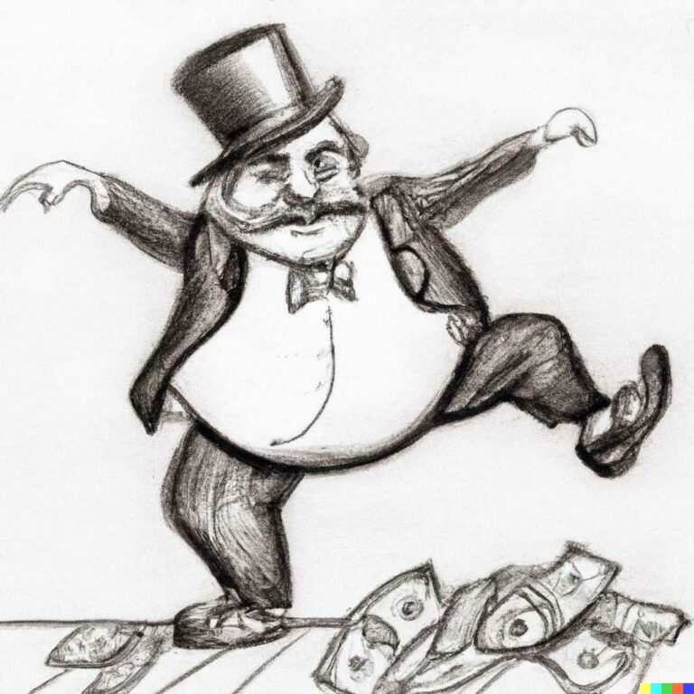 A drawing of a man dancing on money.