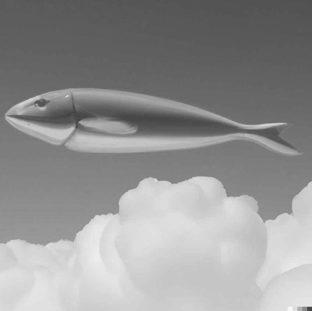 Dieses Bilder zeigt einen Fisch der übder den Wolken schwebt