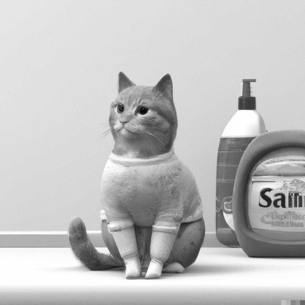 Dieses Bild zeigt eine Katze die vor einem Regal mit Spülmittel sitzt.