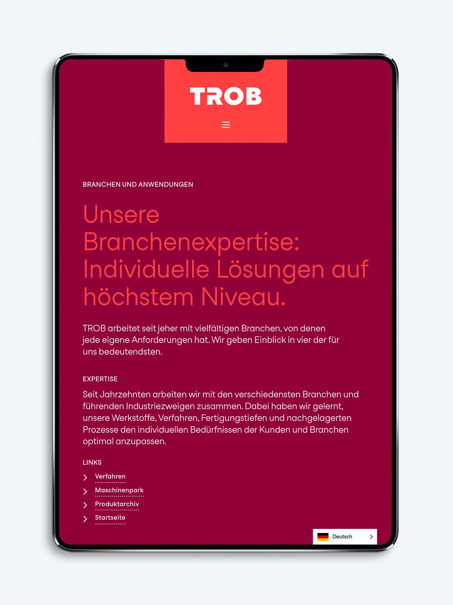 Website design of the customer Trob on an Ipad