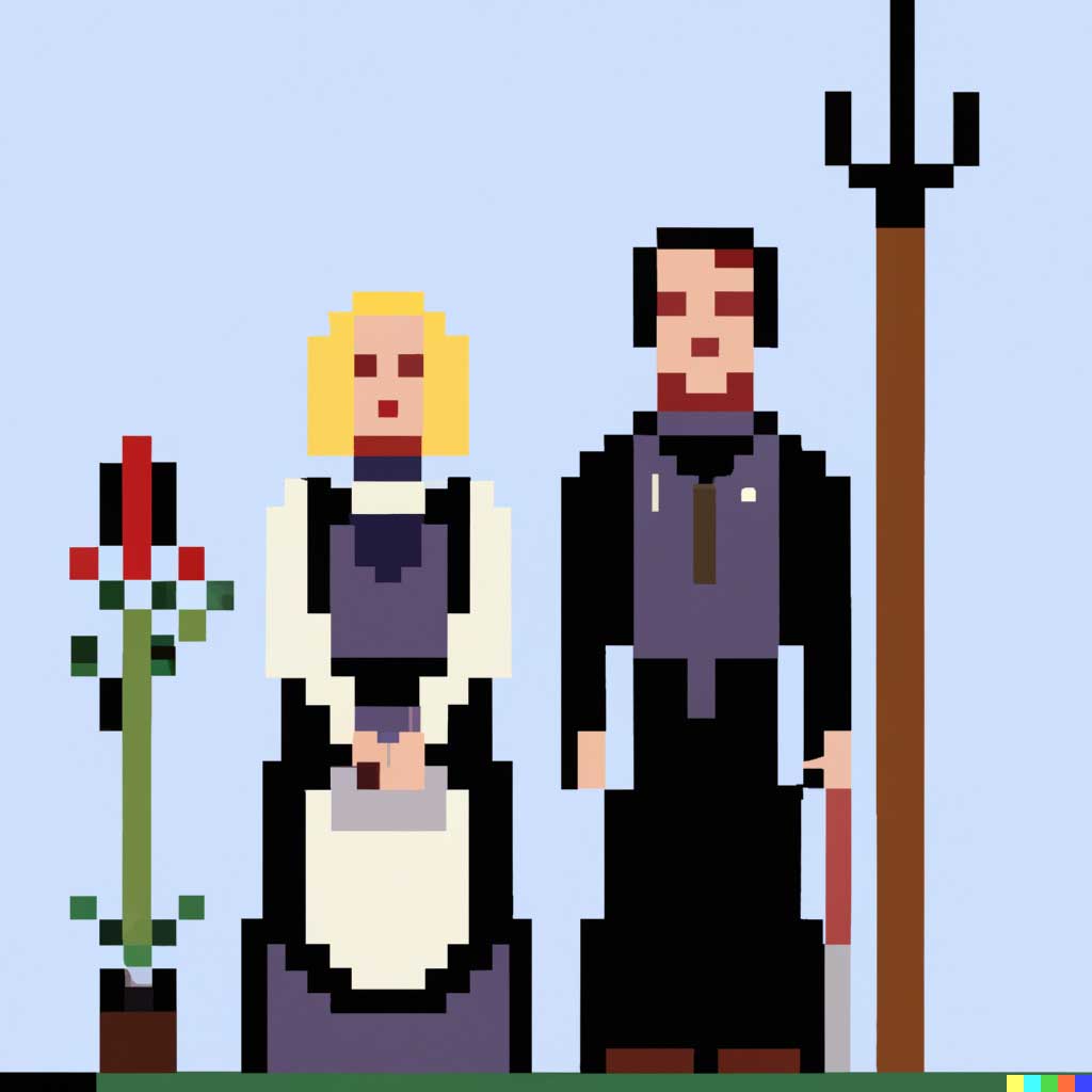 A pixel illustration of the painting American Gothic.