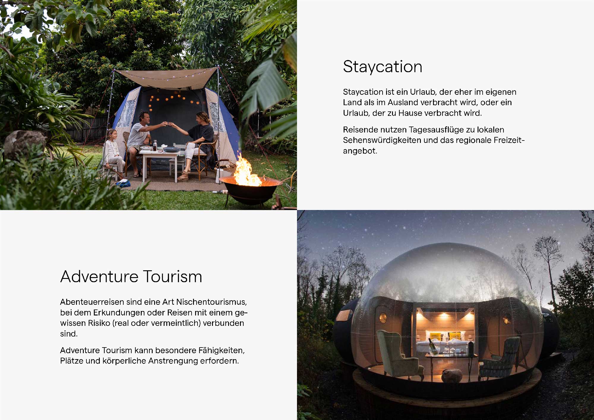 Dieses Bild zeigt zwei Trends im Tourismus: Staycation und Adventure Tourism.