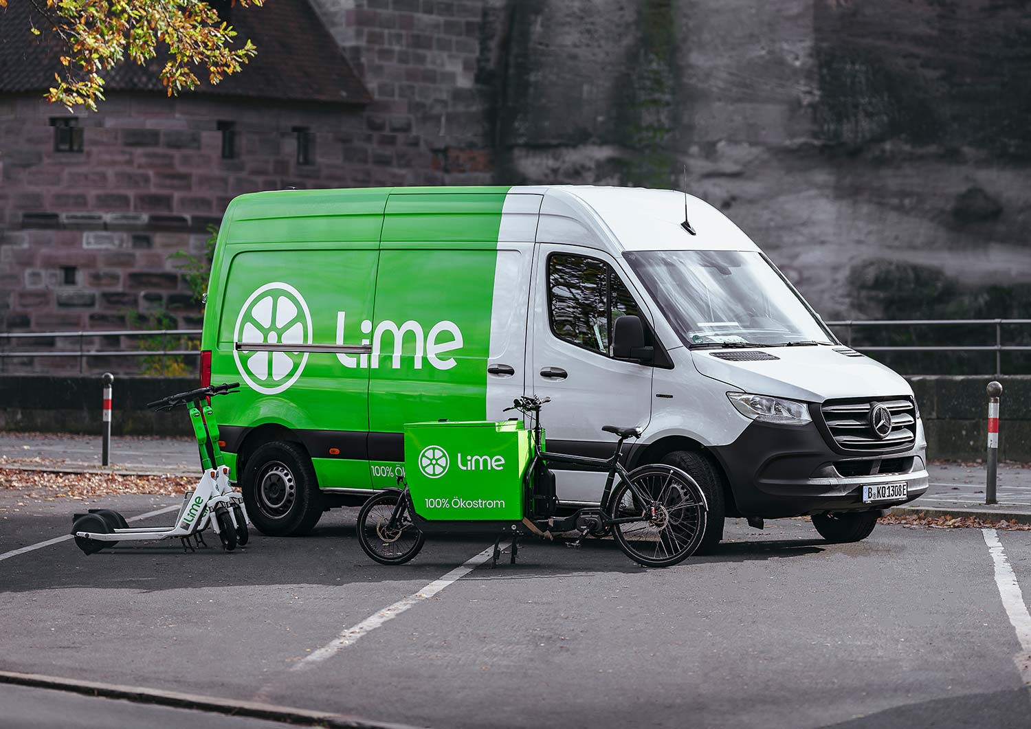 This image from Philip Reitsperger and Identity Lab shows an e-scooter, an electric bike and an e-van from Lime.