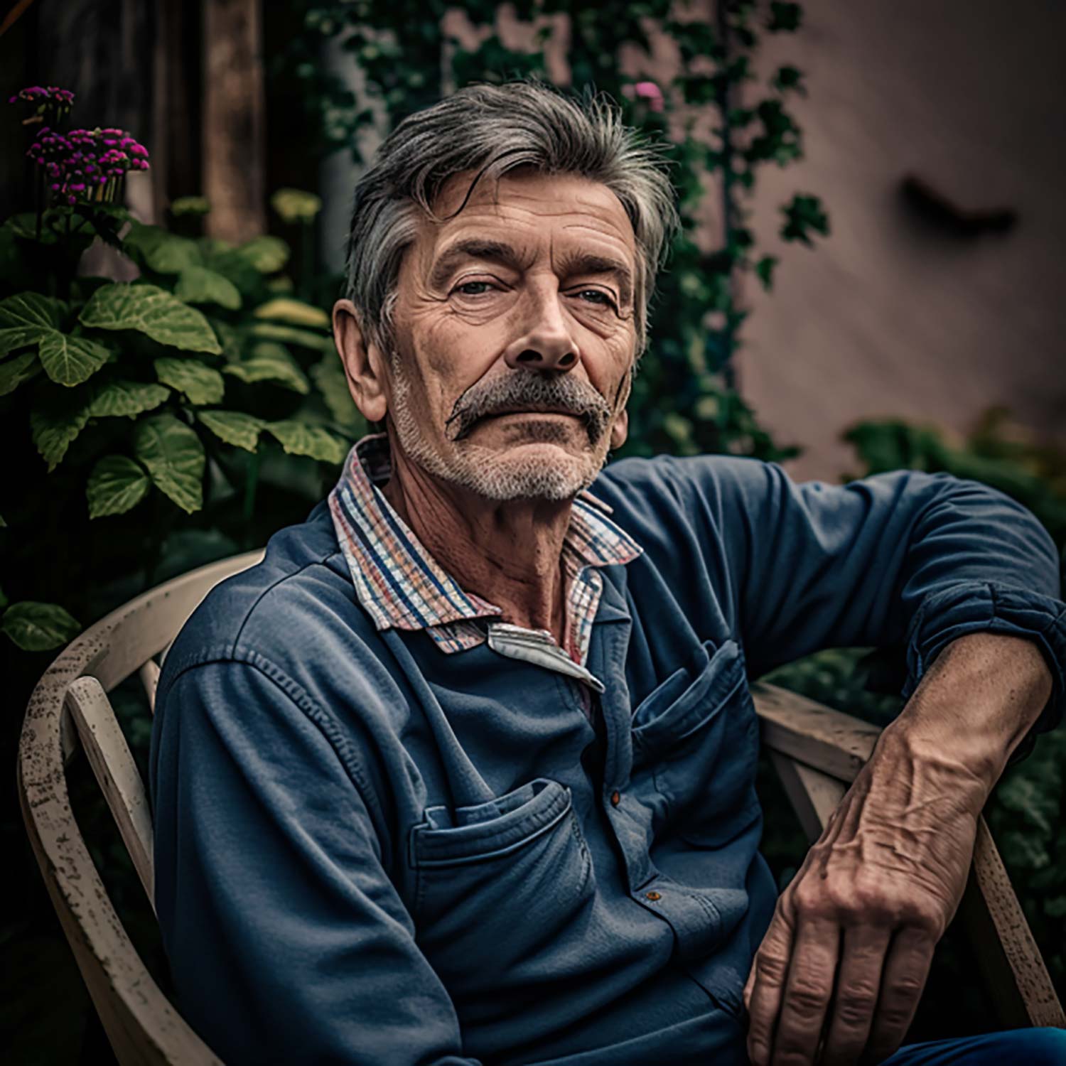 Dieses Bild zeigt eine Illustration eines älteren Mannes im Garten sitzend.