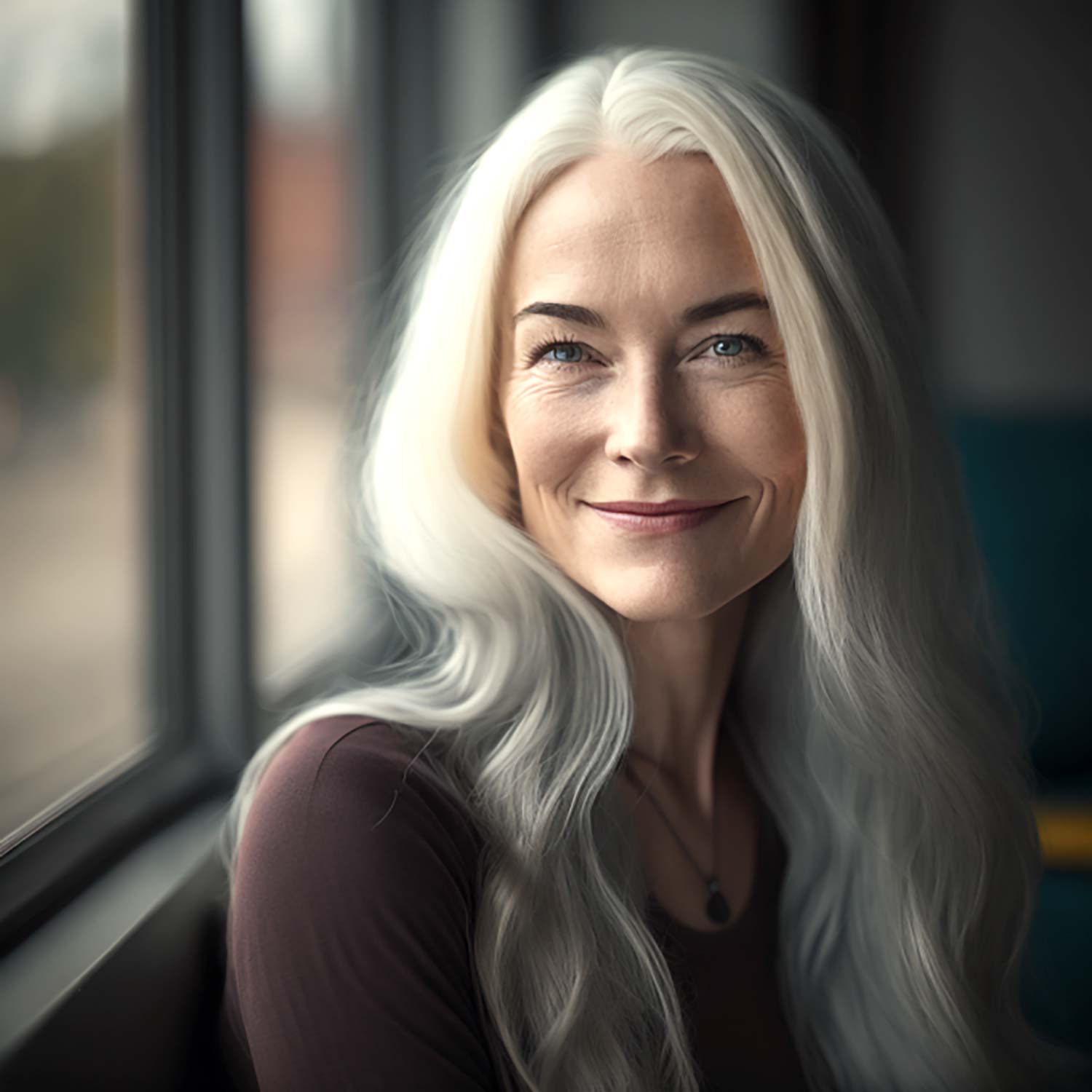 This image features an illustration of a woman with long white hair.