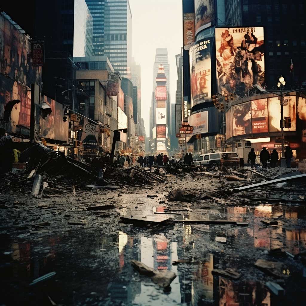 Ein Bild erzeugt von der KI Midjourney zur Eingabe: “/imagine Times Square after an earthquake, James Nachtwey”