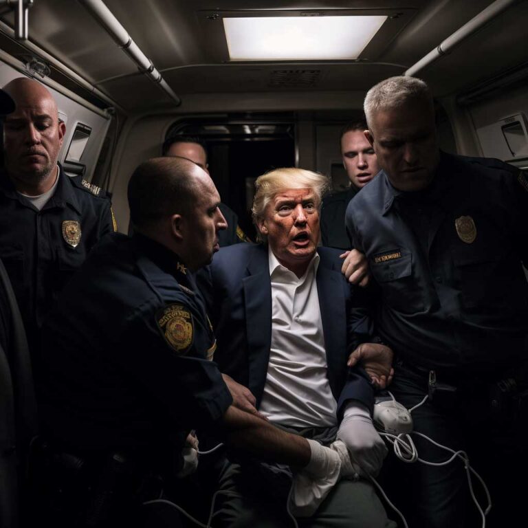 Ein Bild erzeugt von der KI Midjourney zur Eingabe: “/imagine a scene in which Donald Trump is carried to an ambulance, James Nachtwey”