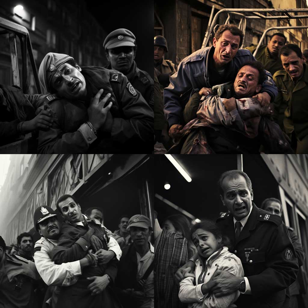 Ein Bild erzeugt von der KI Midjourney zur Eingabe: “/imagine a scene in which a hurt person is carried to an ambulance in Cairo, James Nachtwey”