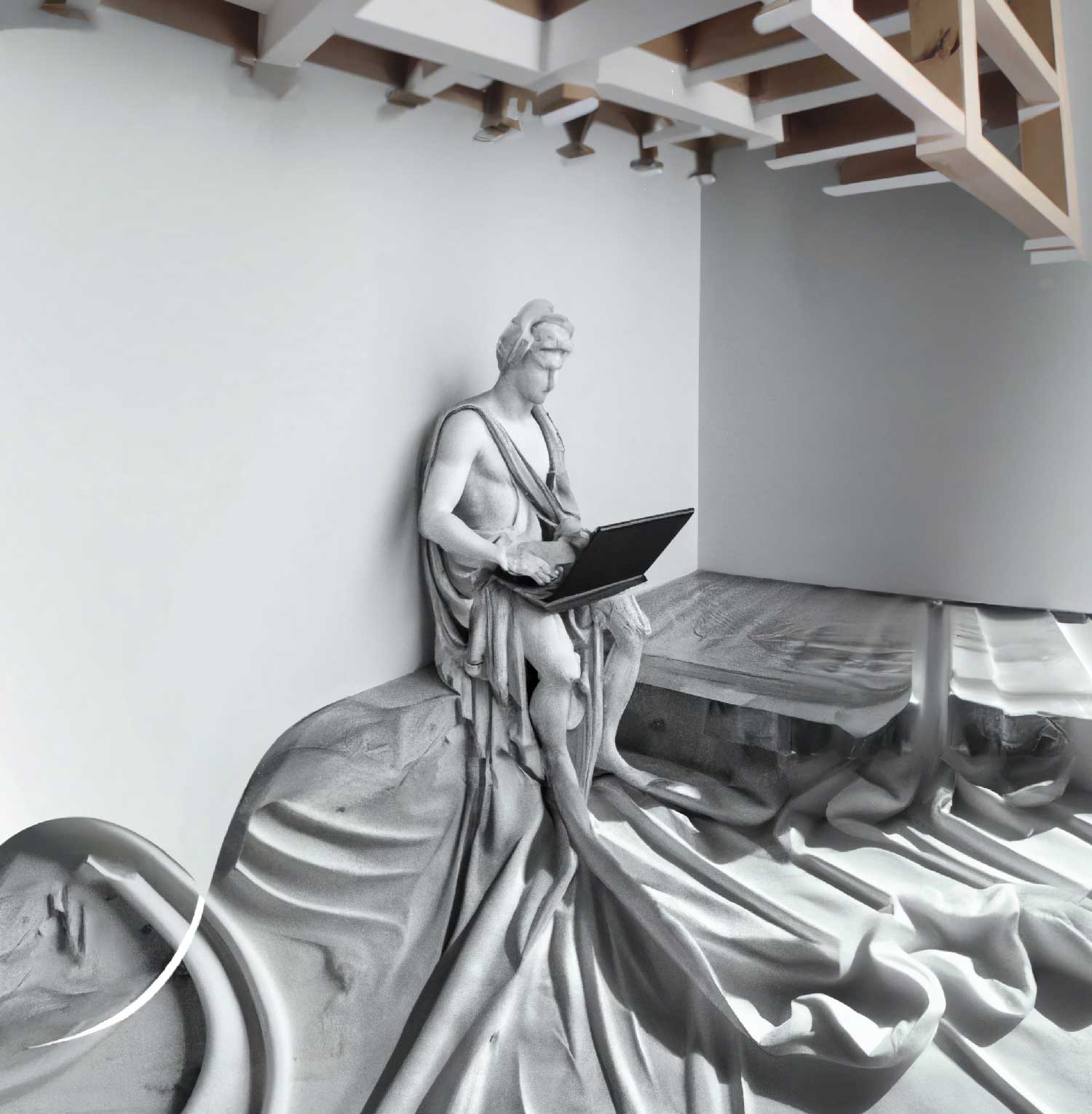 Statue mit Laptop - Bild für Blogpost DALL-E 2, der schlimmste Alptraum der kreativen Klasse von Philip Reitsperger