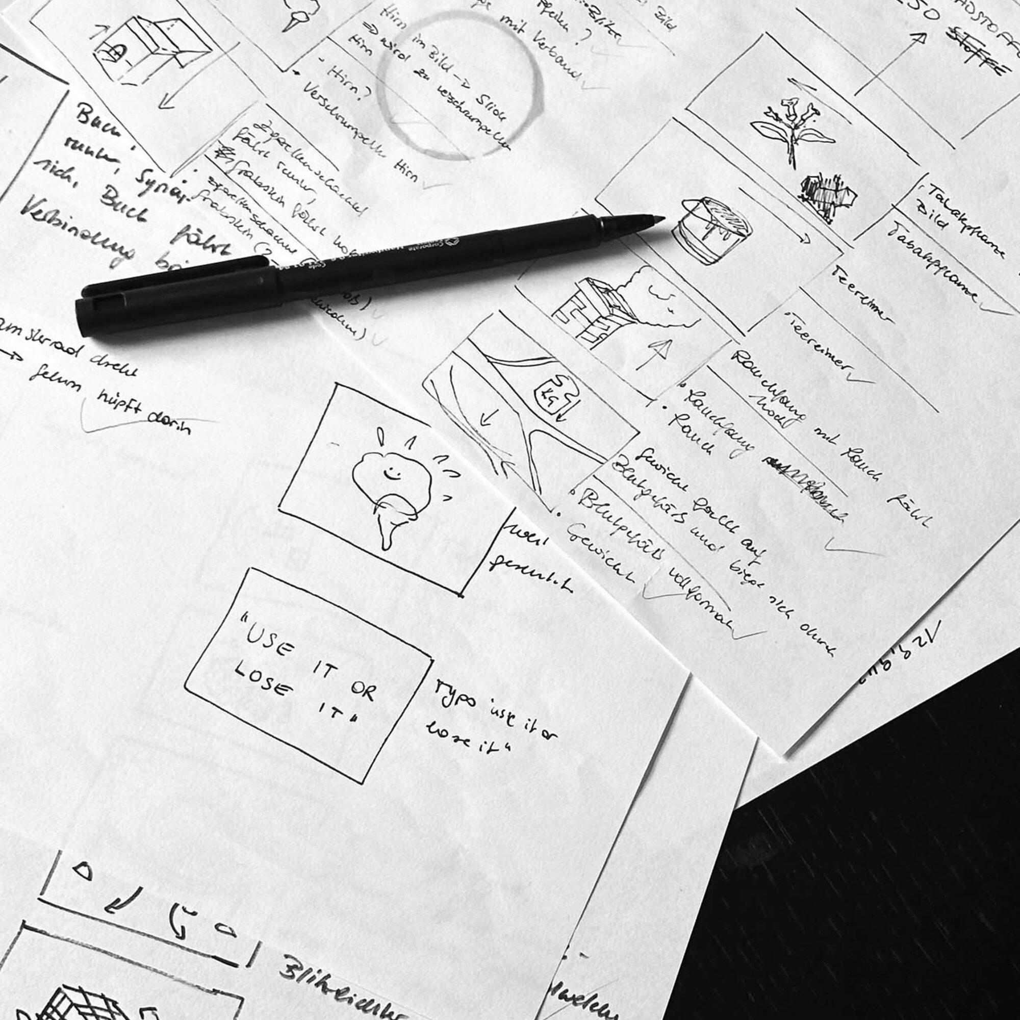 Storyboards für Animationen für den Verein gehirngesund. Angefertigt von Design Studio Identity Lab.