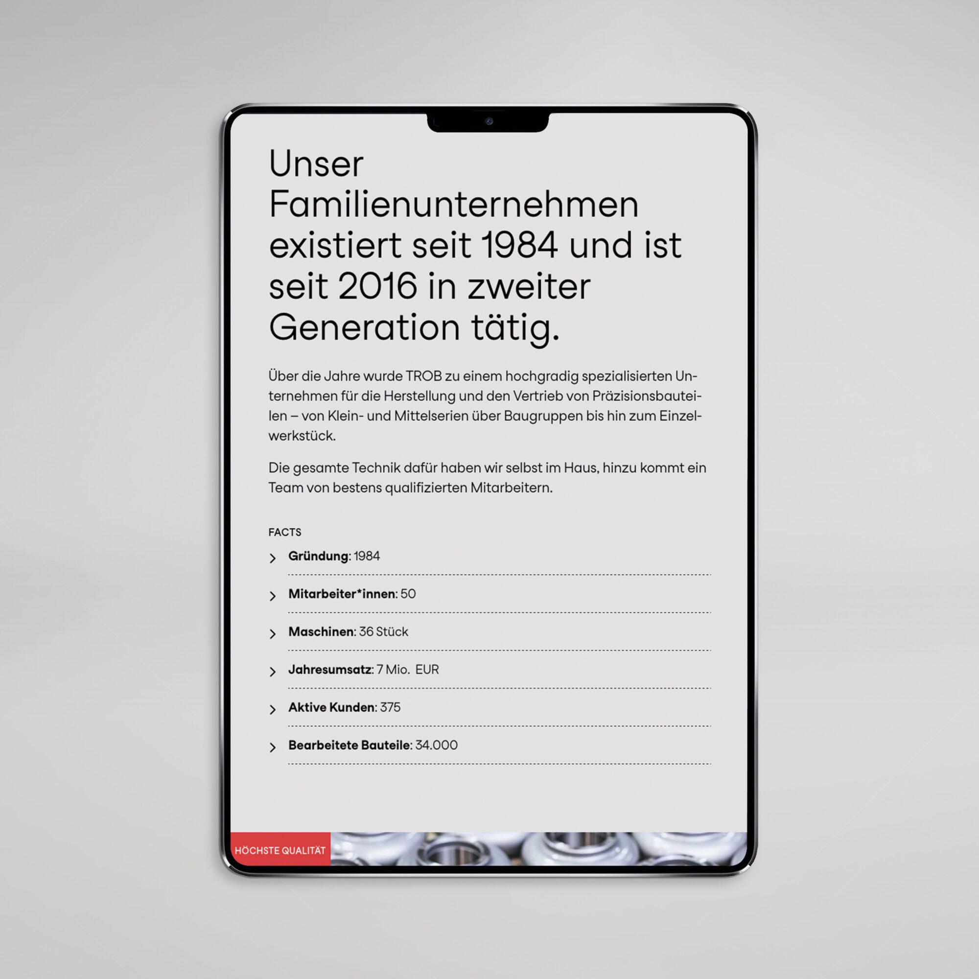 Mockup der Website der Präzisionsschmiede Trob auf einem IPad © Philip Reitsperger Identity Lab Wien